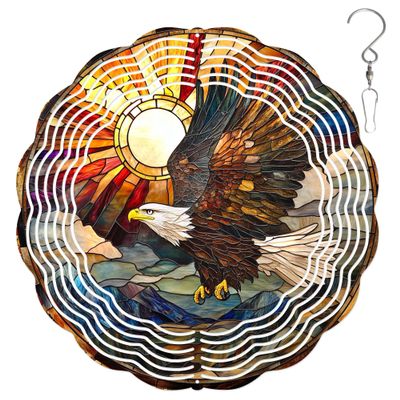 10-Inch Metal Wind Spinner Bald Eagle Flying in Sun 3D Bird Wind Spinner, Unique Metal Hanging Kinetic Wind Sculpture Ornament Gifts for Women Yard Art Garden Patio Lawn Indoor Outdoor Decor