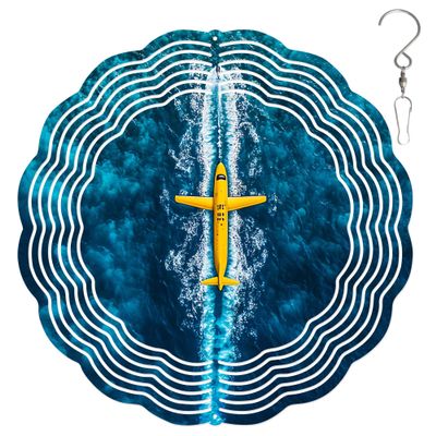 10-Inch Metal Wind Spinner Propeller Plane Upon Ocean 3D Landscape Wind Spinner, Unique Metal Hanging Kinetic Wind Sculpture Ornament Yard Art Garden Patio Lawn Indoor Outdoor Decor (2)