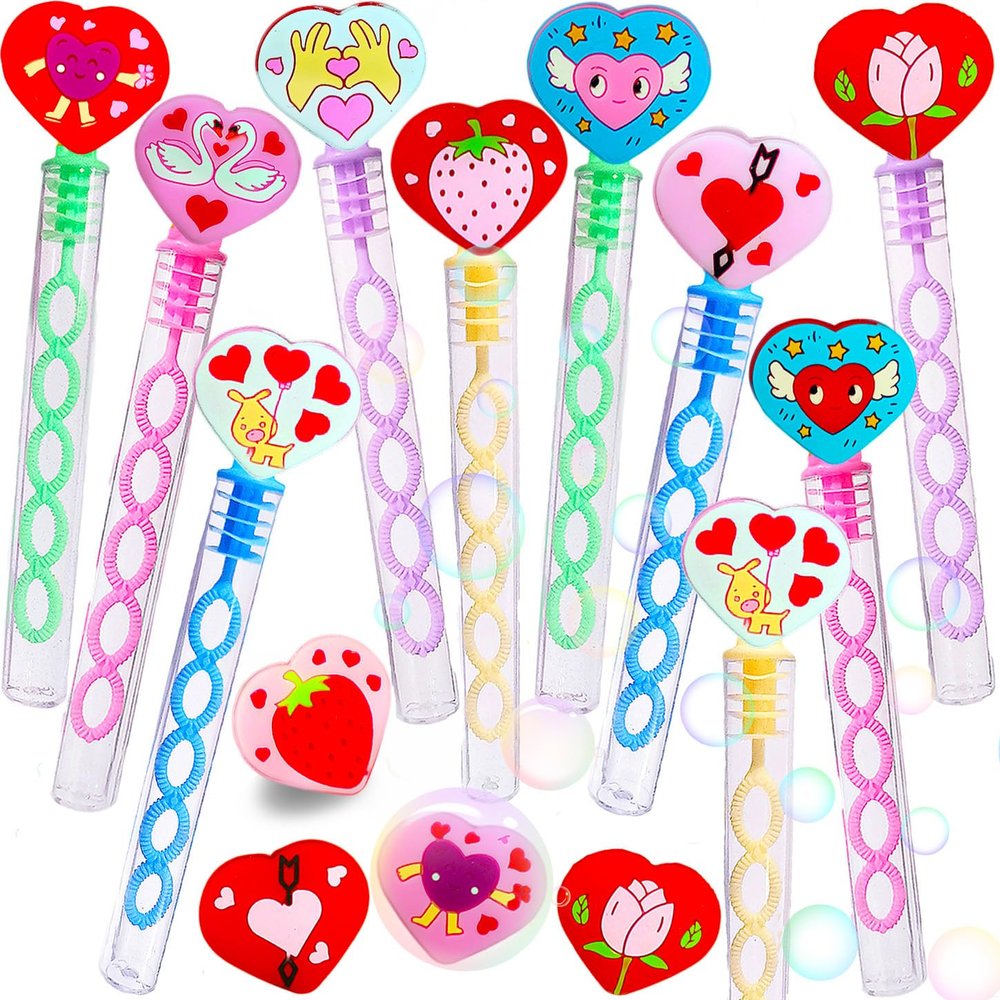 24 Packs Mini Bulk Heart Valentine's Day Theme Bubble Wands for School Classroom Party Supplies