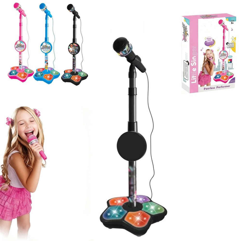 Karaoke Machine Toy with Light, Kids Karaoke Microphone with Stand, Adjustable Stand, Built-in Music, Colorful Lights, and Echo Effects, Birthday for Girls Boys (Black)