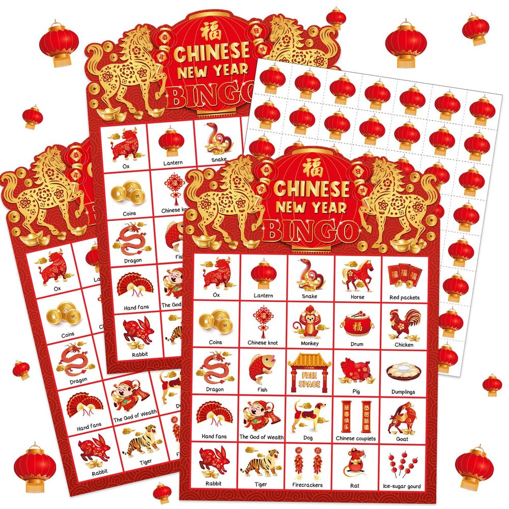 Liliful 35 Pcs Chinese Lunar New Year Bingo 24 Players Spring Festival Bingo Cards 2026 Year of The Horse Games for Family Activities Holiday Favors Supplies(Zodiac Horse)