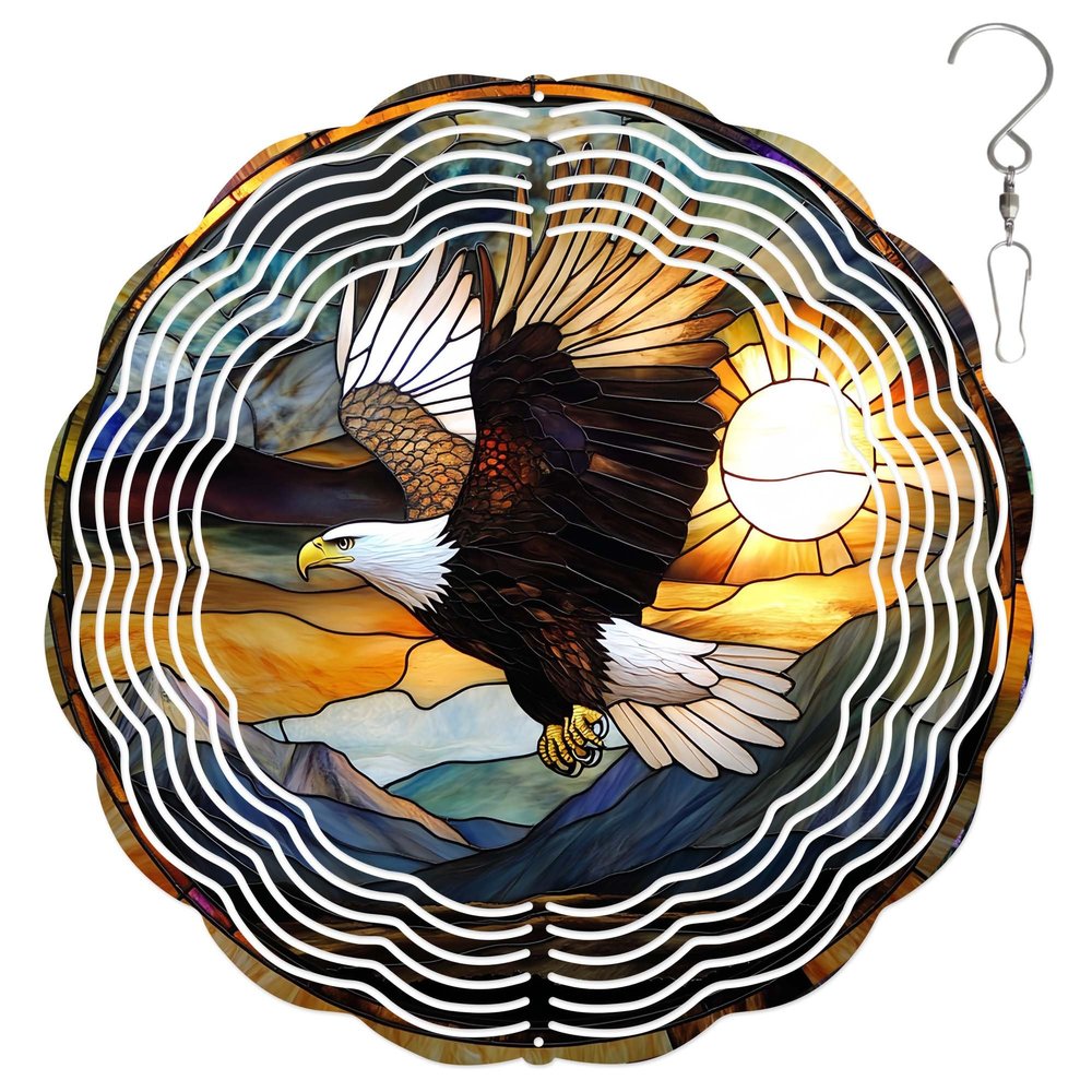 10-Inch Metal Wind Spinner Bald Eagle Fly Over Mountain 3D Bird Wind Spinner, Unique Metal Hanging Kinetic Wind Sculpture Ornament Gifts for Women Yard Art Garden Patio Lawn Indoor Outdoor Decor