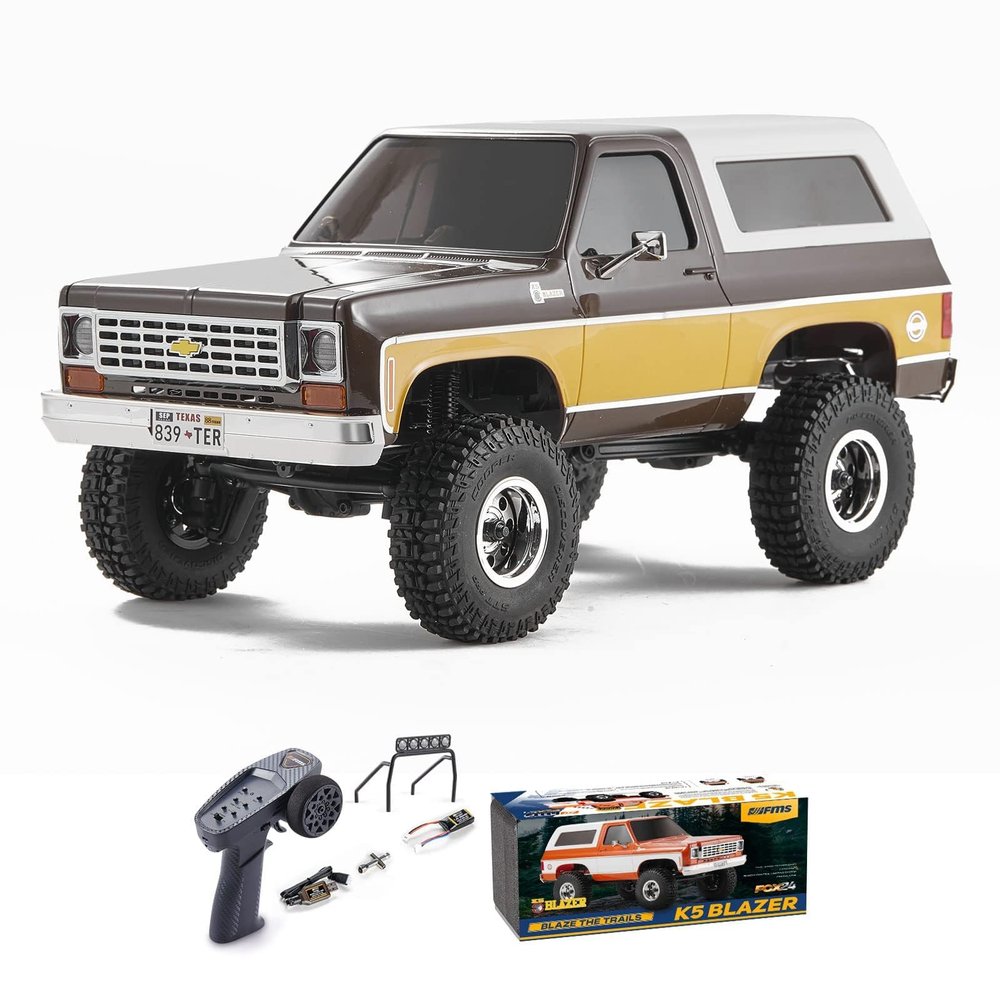 FCX24 FMS 1/24 K5 Chevy Blazer RC Crawler Officially Licensed, Mini RC Car Pick Up Truck & SUV 2 in 1, 4WD 8km/h 2 Speeds Switch, Off-Road RC Model with LED Lights for Adults (Brown)