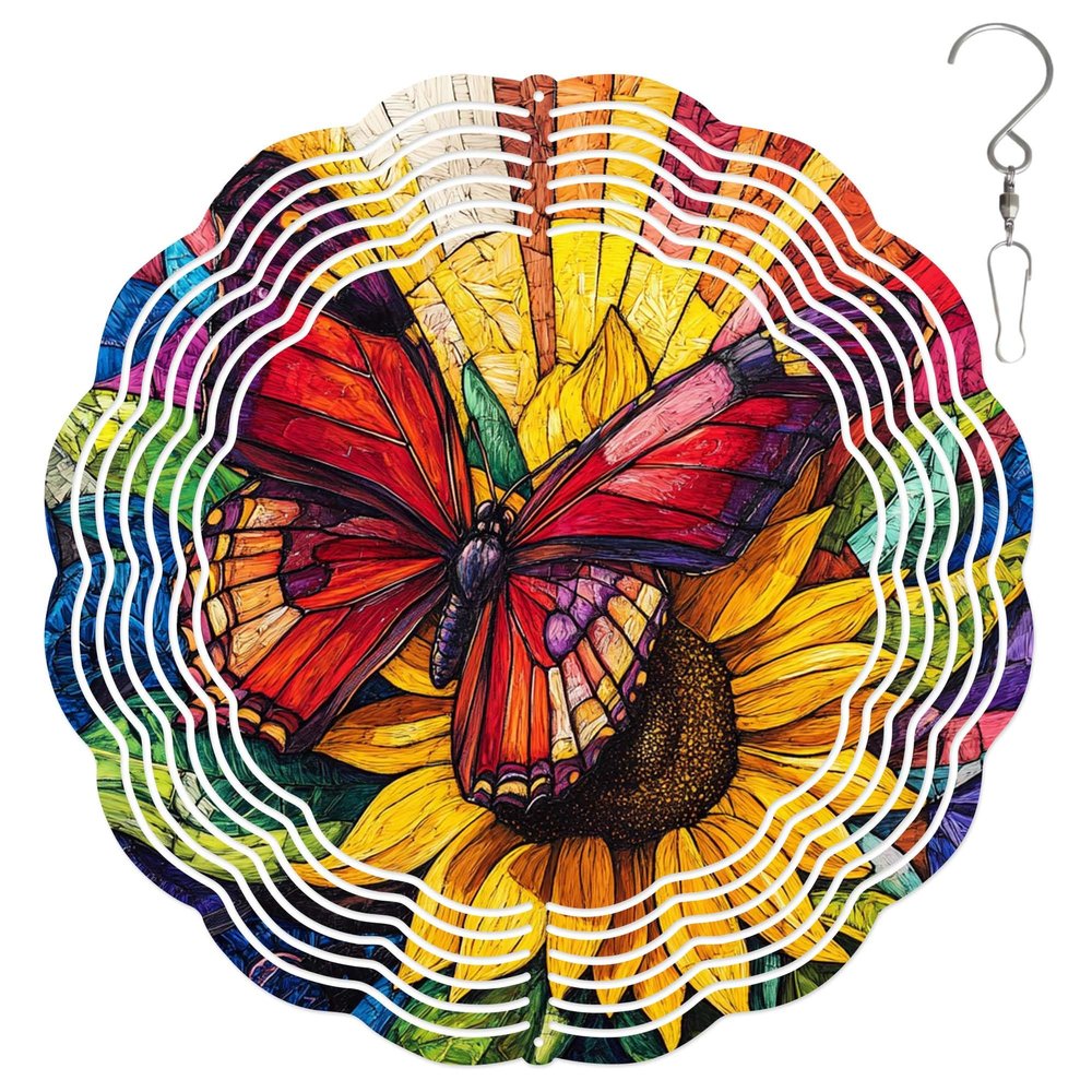 10-Inch Metal Wind Spinner Butterfly on Sunflowers 3D Insect Wind Spinner, Unique Metal Hanging Kinetic Wind Sculpture Ornament Gifts for Women Yard Art Garden Patio Lawn Indoor Outdoor Decor