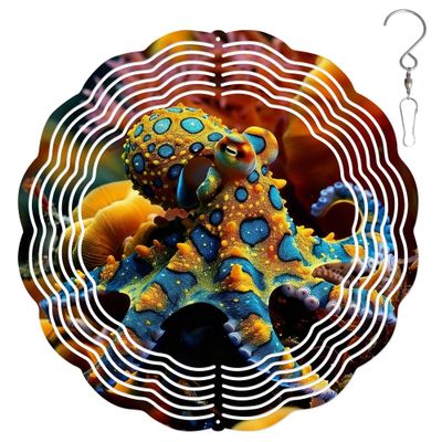 10-Inch Metal Wind Spinner Blue-Ringed Octopus 3D Marine Life Wind Spinner, Unique Metal Hanging Kinetic Wind Sculpture Ornament Gifts for Women Yard Art Garden Patio Lawn Indoor Outdoor Decor