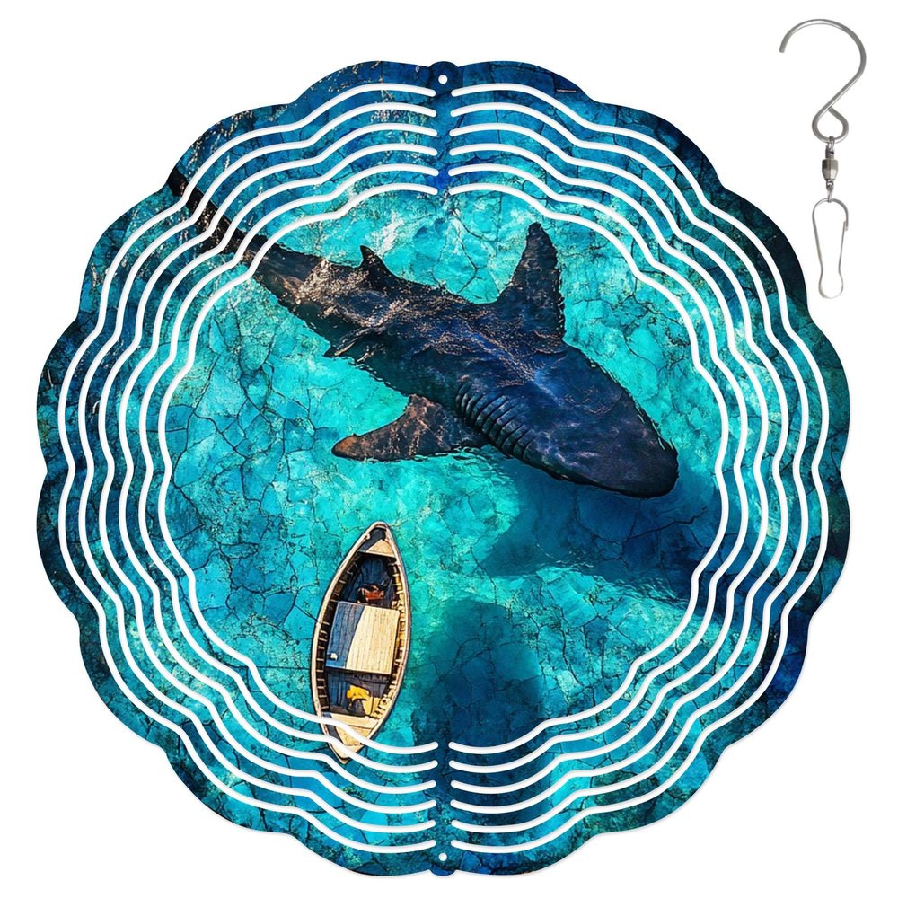 10-Inch Metal Wind Spinner Shark and Boat 3D Marine Life Wind Spinner, Unique Metal Hanging Kinetic Wind Sculpture Ornament Gifts for Women Yard Art Garden Patio Lawn Indoor Outdoor Decor (1)