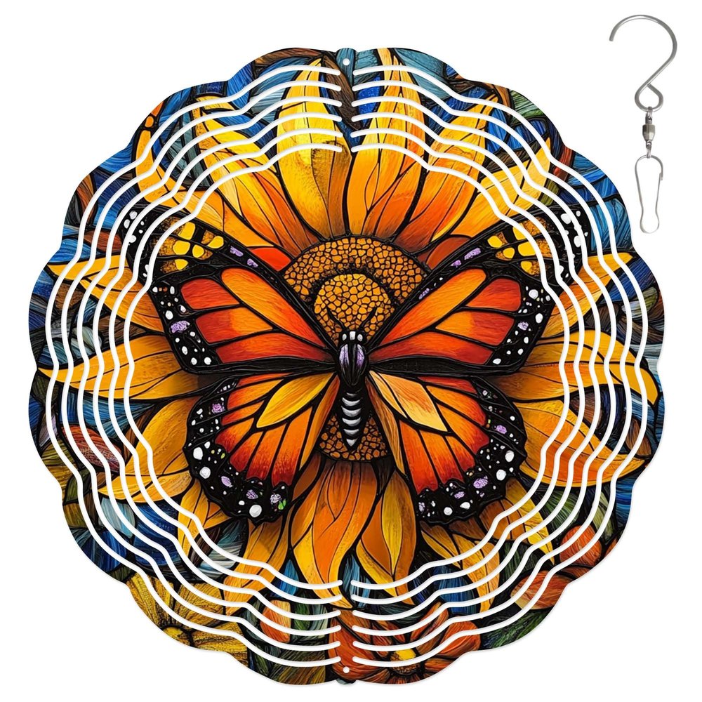 10-Inch Metal Wind Spinner Monarch Butterfly 3D Insect Wind Spinner, Unique Metal Hanging Kinetic Wind Sculpture Ornament Gifts for Women Yard Art Garden Patio Lawn Indoor Outdoor Decor