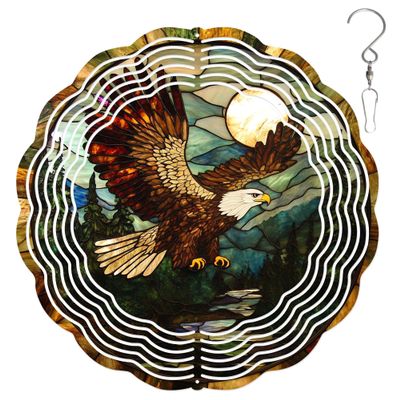 10-Inch Metal Wind Spinner Bald Eagle Fly with Glowing Moon 3D Bird Wind Spinner, Unique Metal Hanging Kinetic Wind Sculpture Ornament Gifts for Women Yard Art Garden Patio Lawn Indoor Outdoor Decor
