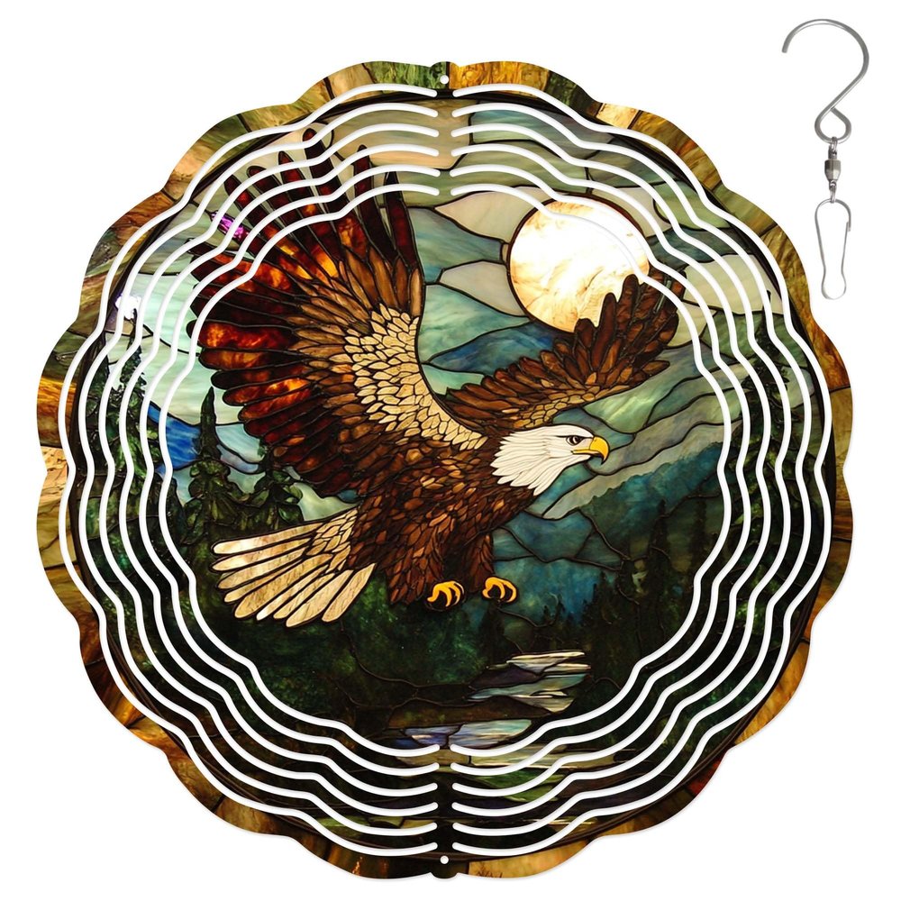 10-Inch Metal Wind Spinner Bald Eagle Fly with Glowing Moon 3D Bird Wind Spinner, Unique Metal Hanging Kinetic Wind Sculpture Ornament Gifts for Women Yard Art Garden Patio Lawn Indoor Outdoor Decor