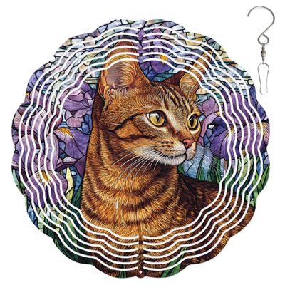 10-Inch Metal Wind Spinner Tabby Cat and Purple Irises 3D Pet Wind Spinner, Unique Metal Hanging Kinetic Wind Sculpture Ornament Gifts for Women Yard Art Garden Patio Lawn Indoor Outdoor Decor (2)