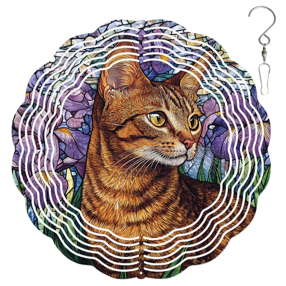 10-Inch Metal Wind Spinner Tabby Cat and Purple Irises 3D Pet Wind Spinner, Unique Metal Hanging Kinetic Wind Sculpture Ornament Gifts for Women Yard Art Garden Patio Lawn Indoor Outdoor Decor (2)