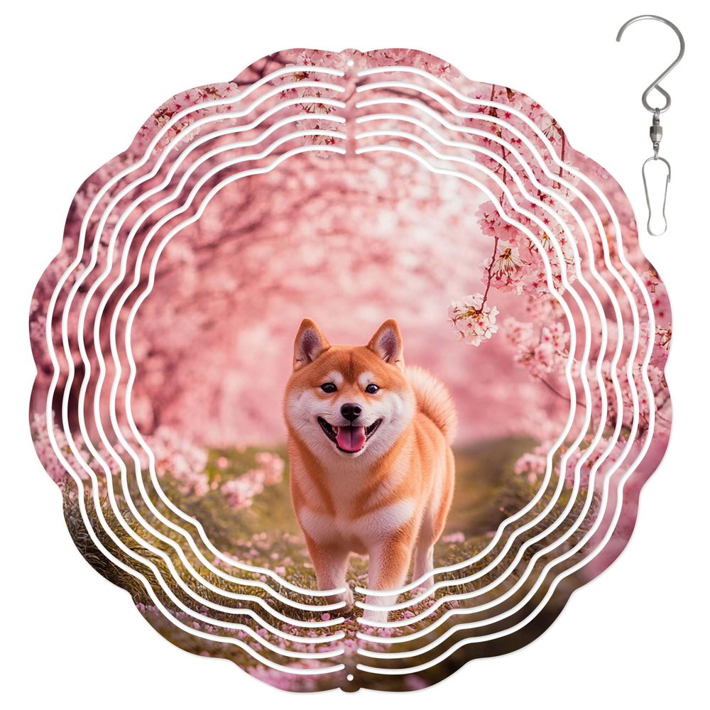 10-Inch Metal Wind Spinner Shiba Inu in Cherry Blossom Grove 3D Dog Wind Spinner, Unique Metal Hanging Kinetic Wind Sculpture Ornament Yard Art Garden Patio Lawn Indoor Outdoor Decor (1)