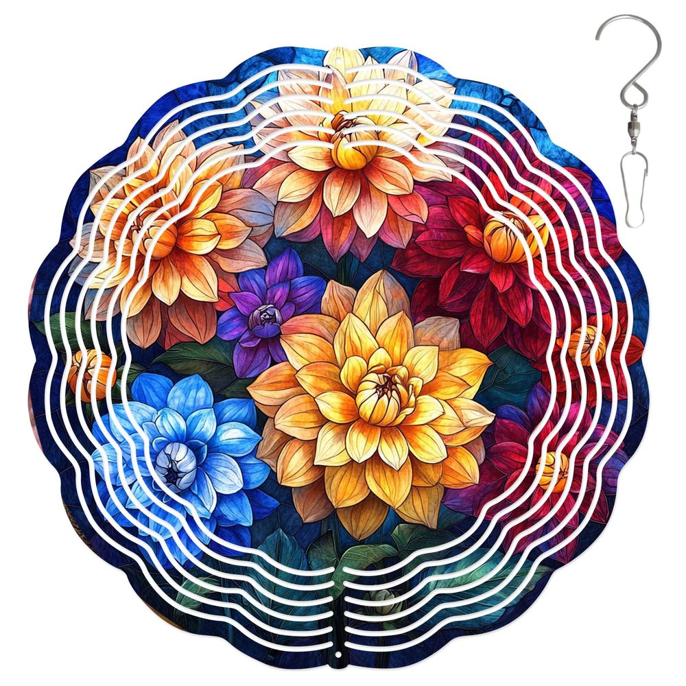 10-Inch Metal Wind Spinner Vibrant Dahlias 3D Floral Wind Spinner, Unique Metal Hanging Kinetic Wind Sculpture Ornament Gifts for Women Yard Art Garden Patio Lawn Indoor Outdoor Decor