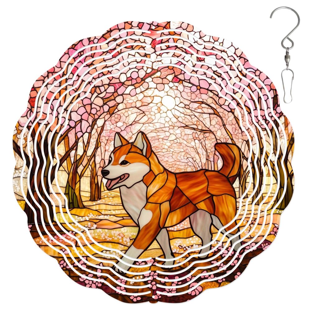 10-Inch Metal Wind Spinner Shiba Inu in Cherry Blossom Grove 3D Dog Wind Spinner, Unique Metal Hanging Kinetic Wind Sculpture Ornament Yard Art Garden Patio Lawn Indoor Outdoor Decor (2)