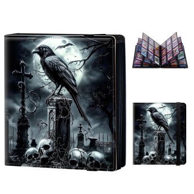 DISUOFEART 9 Pocket Trading Card Binder for Cards, PU Leather Collector Card Book Holder for MTG, TCG, Sports, Baseball, and Game Cards Storage Clipboard Album, Raven in Spooky Graveyard