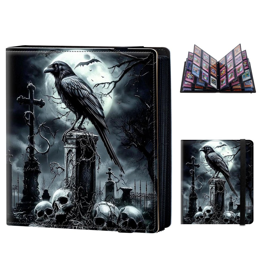 DISUOFEART 9 Pocket Trading Card Binder for Cards, PU Leather Collector Card Book Holder for MTG, TCG, Sports, Baseball, and Game Cards Storage Clipboard Album, Raven in Spooky Graveyard