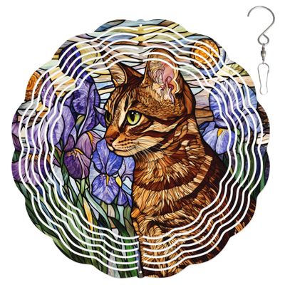 10-Inch Metal Wind Spinner Tabby Cat and Purple Irises 3D Pet Wind Spinner, Unique Metal Hanging Kinetic Wind Sculpture Ornament Gifts for Women Yard Art Garden Patio Lawn Indoor Outdoor Decor (1)