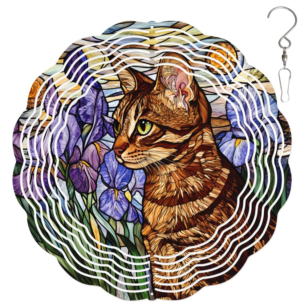 10-Inch Metal Wind Spinner Tabby Cat and Purple Irises 3D Pet Wind Spinner, Unique Metal Hanging Kinetic Wind Sculpture Ornament Gifts for Women Yard Art Garden Patio Lawn Indoor Outdoor Decor (1)