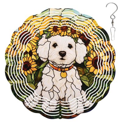 10-Inch Metal Wind Spinner Bichon Frise in Sunflower Field 3D Dog Wind Spinner, Unique Metal Hanging Kinetic Wind Sculpture Ornament Yard Art Garden Patio Lawn Indoor Outdoor Decor (1)