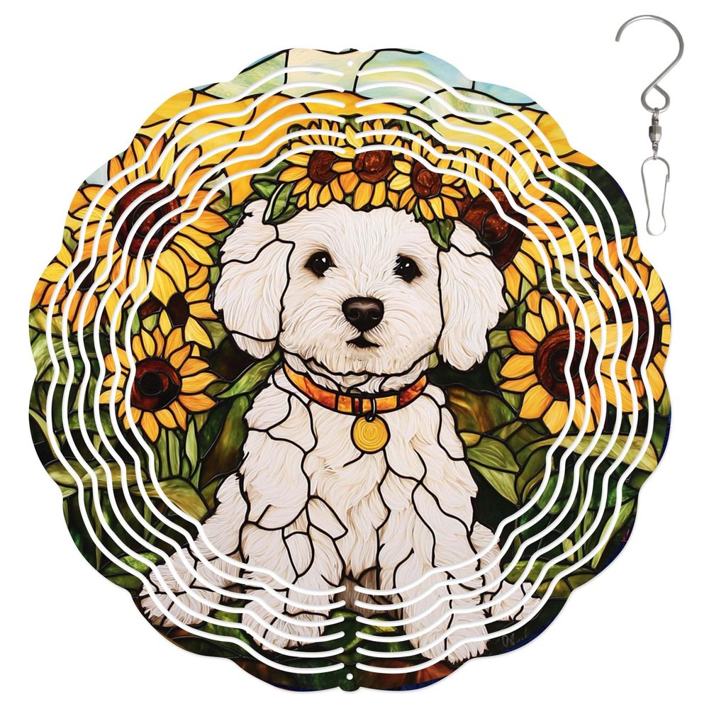 10-Inch Metal Wind Spinner Bichon Frise in Sunflower Field 3D Dog Wind Spinner, Unique Metal Hanging Kinetic Wind Sculpture Ornament Yard Art Garden Patio Lawn Indoor Outdoor Decor (1)