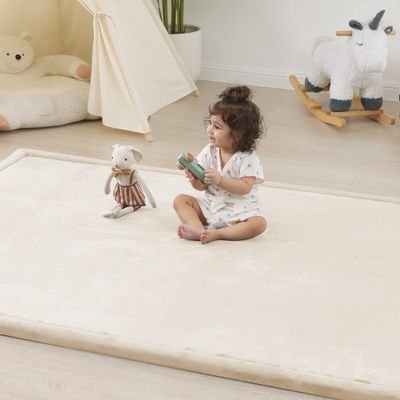 1.5" Thick Padded Baby Play Mat for Floor Tummy Time, Pro Soft Foam Activity Playroom Playmats, Easy Care with Non-Slip Safe for Infant Toddler Kids Crawling 59"x 71" (Beige)