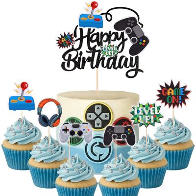 13 PCS Video Game Cake Toppers Controller Happy Birthday Cake Decorations for Game Theme Kids Birthday Party Cupcake Decor