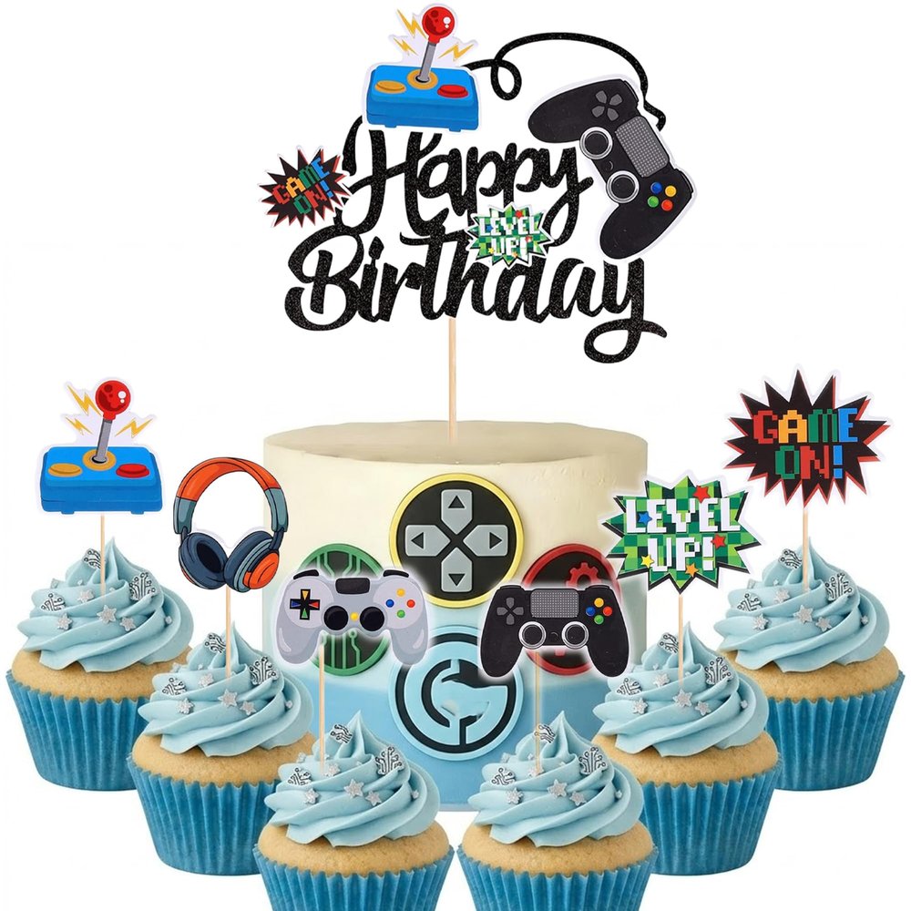 13 PCS Video Game Cake Toppers Controller Happy Birthday Cake Decorations for Game Theme Kids Birthday Party Cupcake Decor