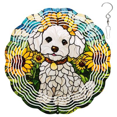 10-Inch Metal Wind Spinner Bichon Frise in Sunflower Field 3D Dog Wind Spinner, Unique Metal Hanging Kinetic Wind Sculpture Ornament Yard Art Garden Patio Lawn Indoor Outdoor Decor (2)