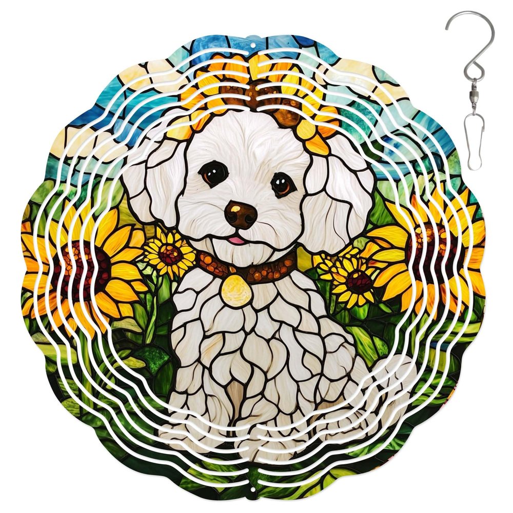 10-Inch Metal Wind Spinner Bichon Frise in Sunflower Field 3D Dog Wind Spinner, Unique Metal Hanging Kinetic Wind Sculpture Ornament Yard Art Garden Patio Lawn Indoor Outdoor Decor (2)