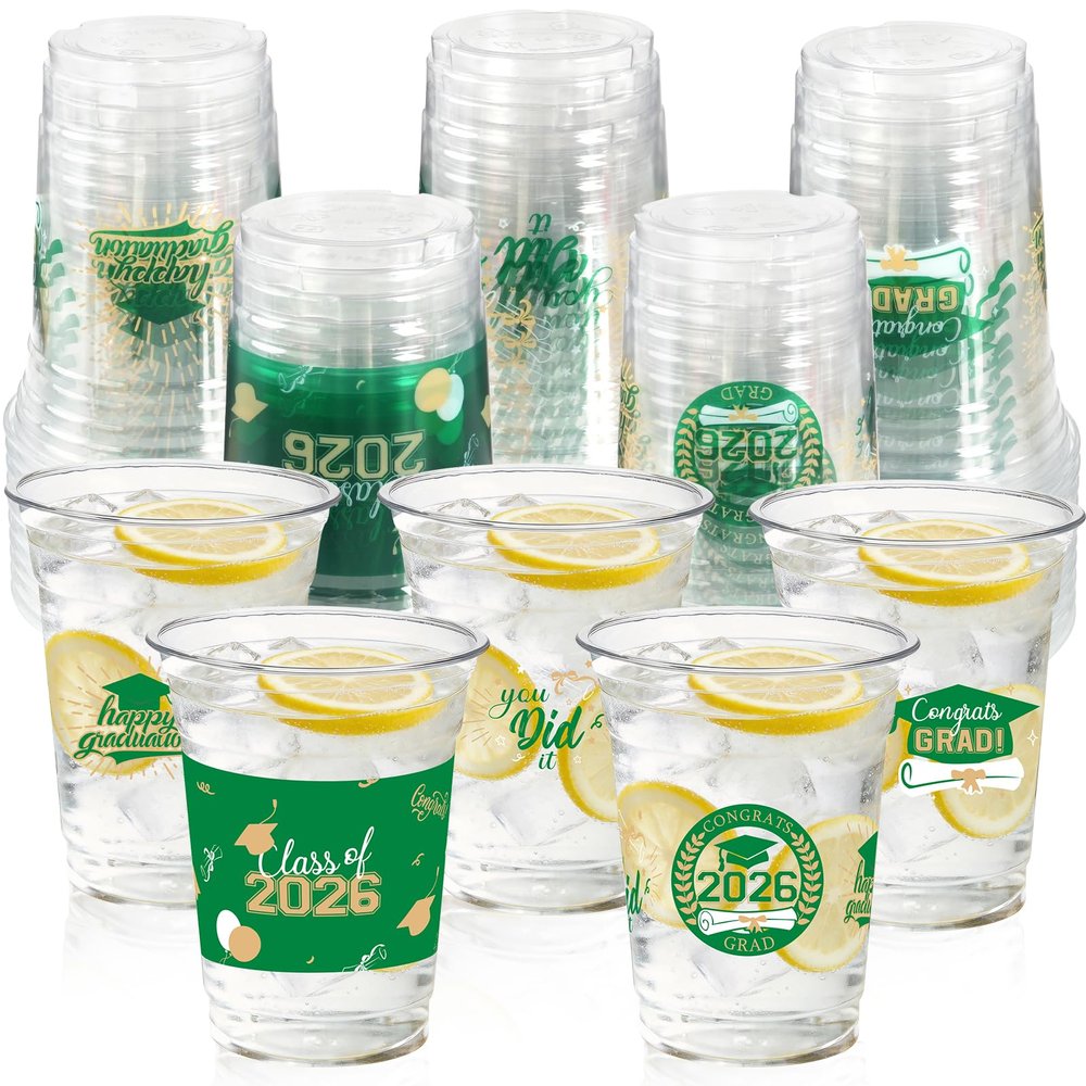 100 Pack Graduation Decorations Class of 2026, 16 Oz Green and Gold Graduation Clear Plastic Cups Disposable Party Cups for Drinks 2026 School Grad Party Favors Supplies