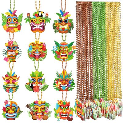 Ecally 36 Pcs Hawaiian Luau Party Favors Tiki Beaded Necklaces with Felt Pendants Aloha Luau Necklaces for Summer Tropical Beach Cosplay Dress up Decor Party Supplies, 12 Style
