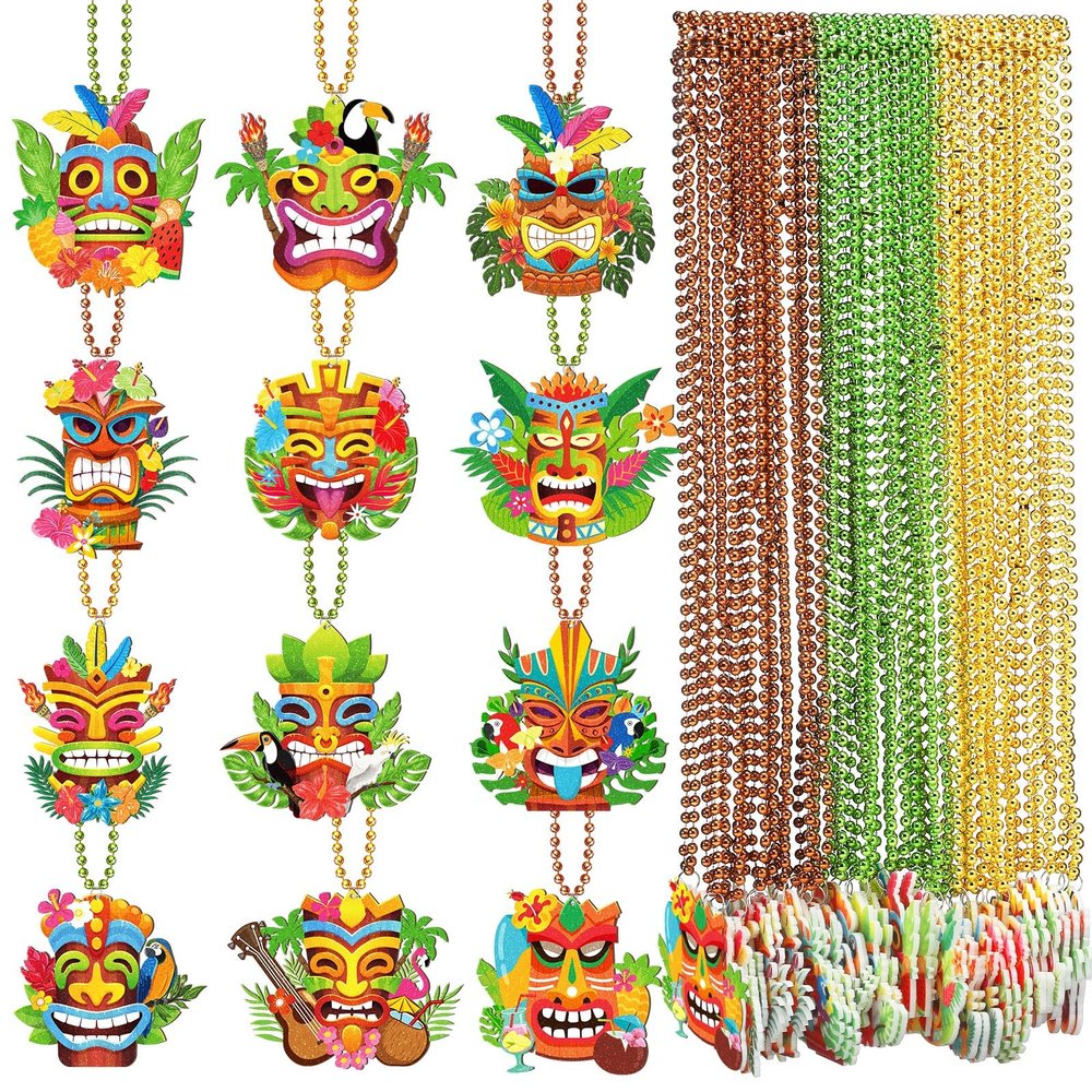 Ecally 36 Pcs Hawaiian Luau Party Favors Tiki Beaded Necklaces with Felt Pendants Aloha Luau Necklaces for Summer Tropical Beach Cosplay Dress up Decor Party Supplies, 12 Style