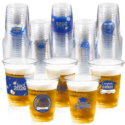100 Pack Graduation Decorations Class of 2026, 16 Oz Blue and Gold Graduation Clear Plastic Cups Disposable Party Cups for Drinks 2026 School Grad Party Favors Supplies