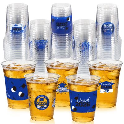 100 Pack Graduation Decorations Class of 2026, 16 Oz Blue and Black Graduation Clear Plastic Cups Disposable Party Cups for Drinks 2026 School Grad Party Favors Supplies