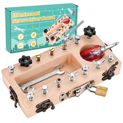 WoodTrove Montessori Screwdriver Board Set with Lock and Key, Montessori Toys for 3 4 5 Year Old, Wooden Screw Driver Activities Tools, Fine Motor Skills Preschool Learning Sensory Toy