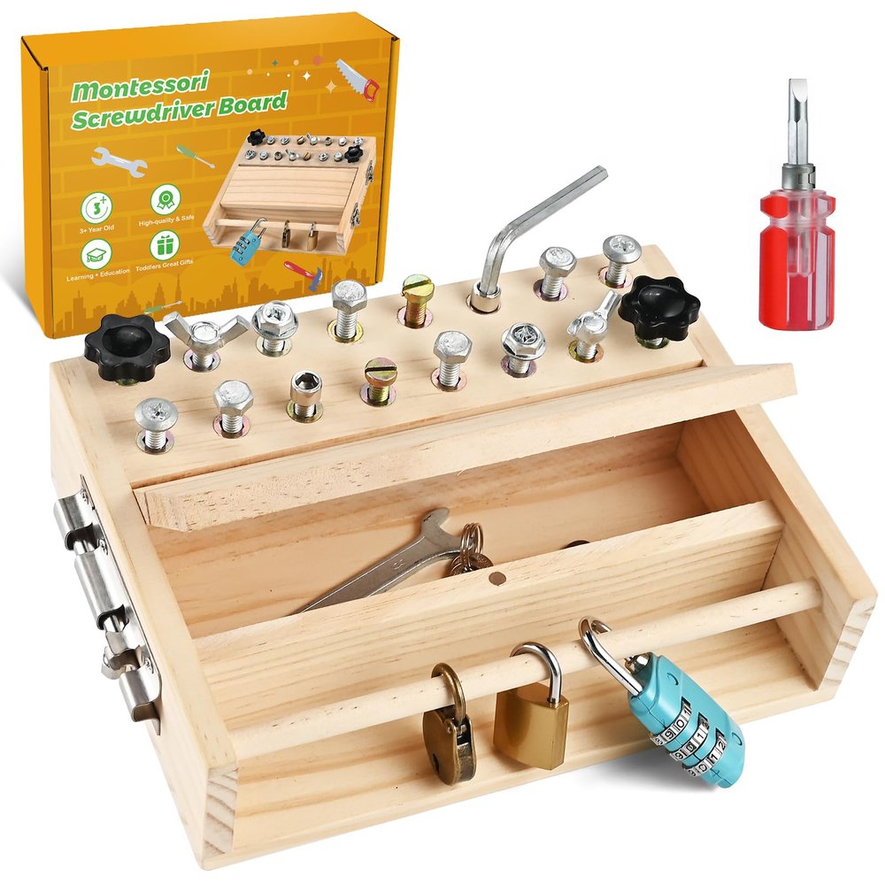 WoodTrove Montessori Screwdriver Board Set, Montessori Toys for 3 4 5 with 3 Lock and Keys, Toddler Screwdriver Toy, Kids Tool Set, Preschool Learning Sensory Toy, Fine Motor Skills Toys