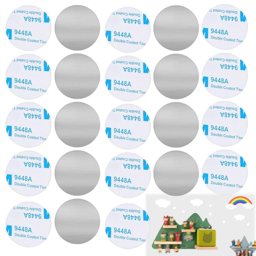 ZYMJBB Self-Adhesive Metal Plates for Tonie Figures, 100 Strong Magnetic Hold, Stainless Steel Mounting Discs for Kids' Room Decoration, Storage, DIY Projects (20mm, 0.3mm)