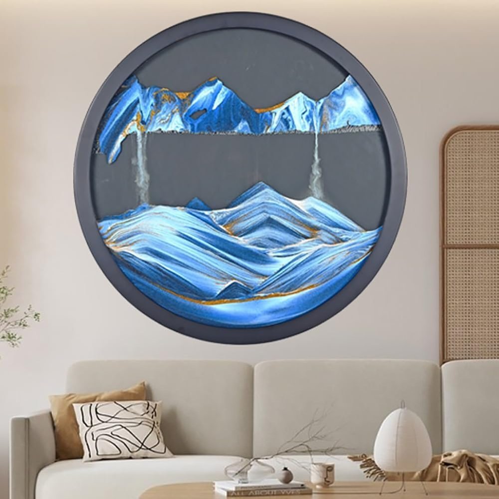 3D Dynamic Sand Art, Liquid Motion Sandscape Picture in Motion, Round Glass Sand Art Display for Relaxing Desktop Home Office Decoration
