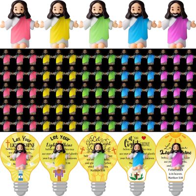 CroBlissful 100 Sets Little Jesus Figures Glow in The Dark with Let Your Light Shine Cards Luminous Mini Rubber Jesus Figurines Toys for Hide and Seek Sunday Religious Gift (Open Arms;Bulb Card)