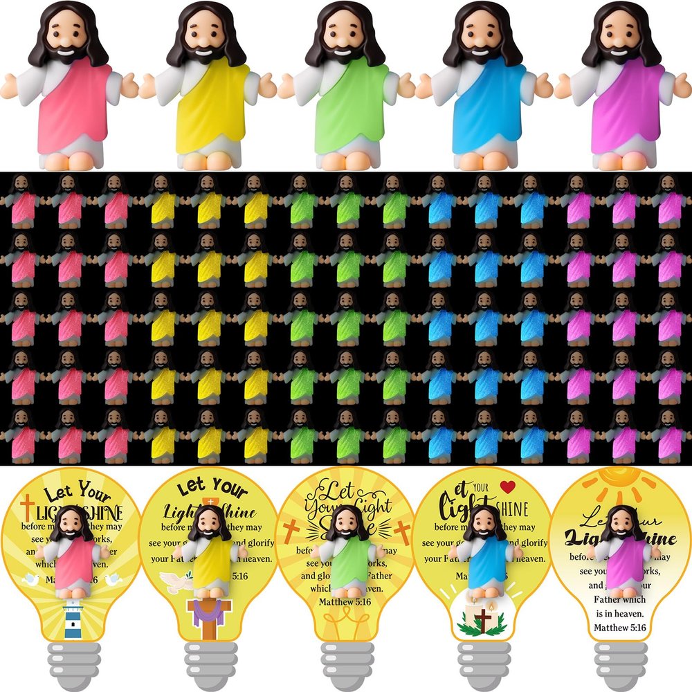 CroBlissful 100 Sets Little Jesus Figures Glow in The Dark with Let Your Light Shine Cards Luminous Mini Rubber Jesus Figurines Toys for Hide and Seek Sunday Religious Gift (Open Arms;Bulb Card)