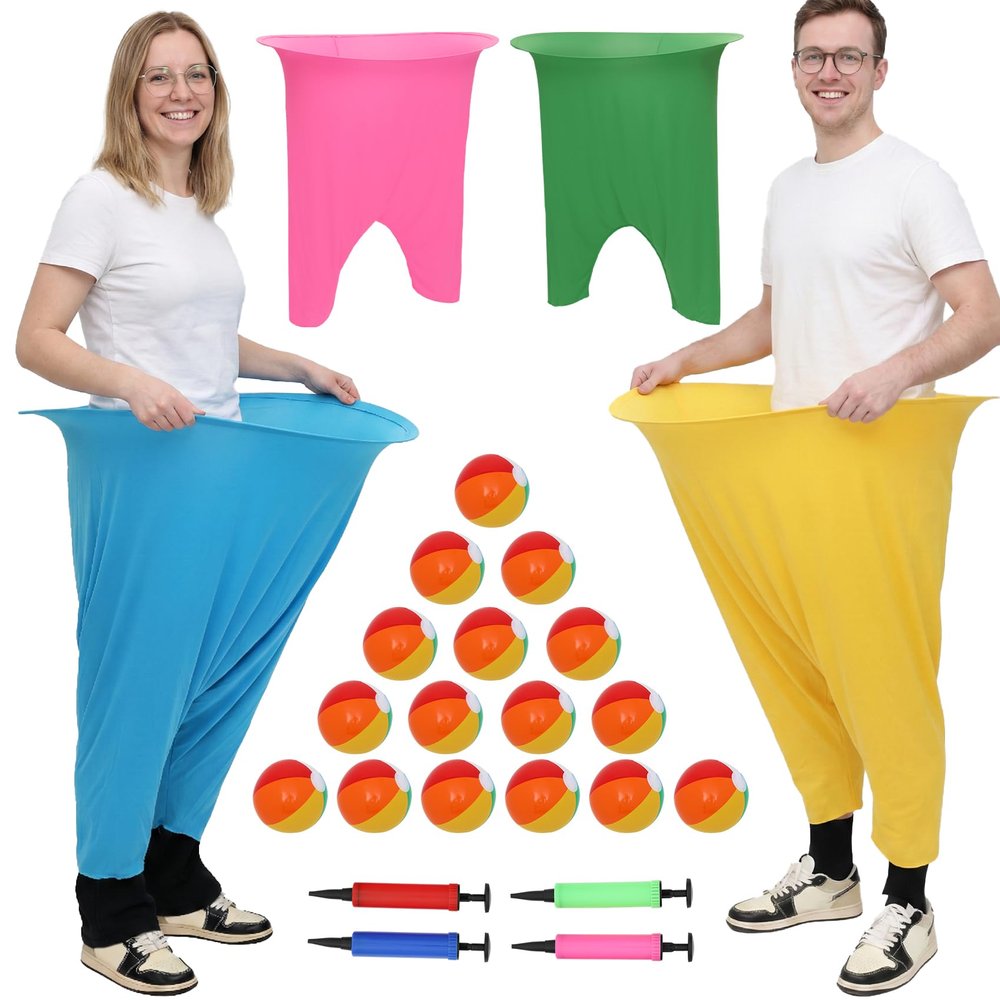 Granny Pants Yard Game Set, 24 PCS Funny Giant Pants Game for Adults - 4Pcs Grandma Pants, 16 Colorful Bouncy Balls & 4 Air Pump for Team Relay, Family Reunion Party, Outdoor Activities