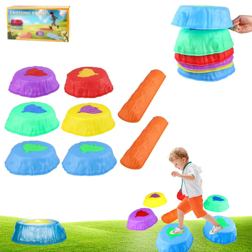 Light up Stepping Stones for Kids, Glow and Music Stepping Stones, Floor Is Lava Stepping Stone, Balance Stepping Stone Kit with Light up Jumping Stone (6pcs+2 bridge)