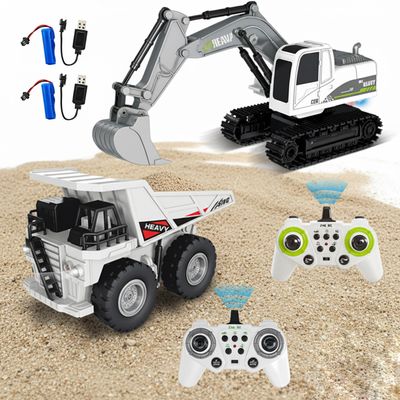 2-in-1 Remote Control Construction Vehicles Set: RC Excavator & Dump Truck with Alloy Parts, Realistic Lights & Sound Effects | Construction Toys for Boys Kids Ages 6+ | Birthday