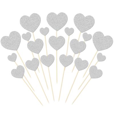 20PCS Heart Cupcake Toppers Glitter Sweet Love Heart Cupcake Picks Mixed Size Heart Toothpicks for Wedding Engagement Bridal Shower Birthday Party Cake Decorations Supplies (Silver)