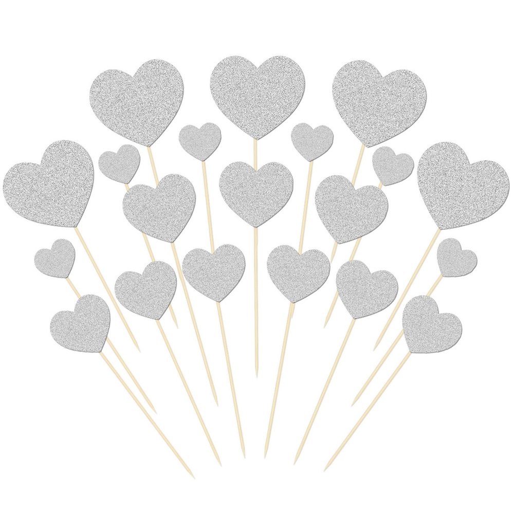 20PCS Heart Cupcake Toppers Glitter Sweet Love Heart Cupcake Picks Mixed Size Heart Toothpicks for Wedding Engagement Bridal Shower Birthday Party Cake Decorations Supplies (Silver)