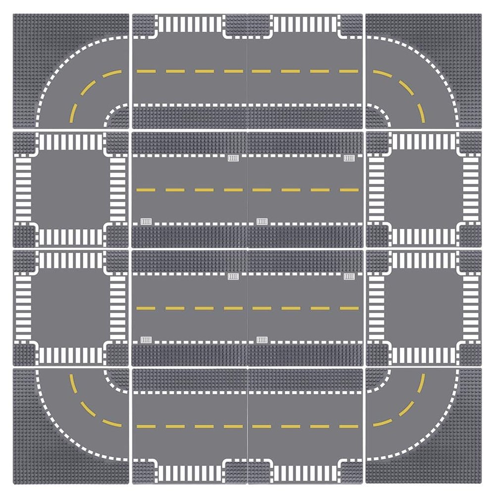Lekebaby 16 Pack 10" x 10" City Street Baseplates, 4 Curve / 4 T-Junction / 4 Straight / 4 Junction, Grey, HO Scale, Compatible with Major Brands