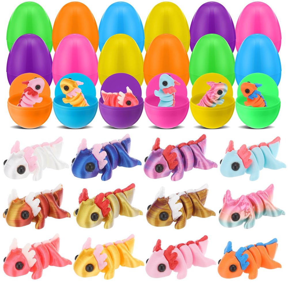 Capoda 12 Pack Prefilled Easter Eggs with 3D Printed Articulated Animal Fidget Toys, Colorful Plastic Surprise Eggs with Flexible Mini Figurines, Non-candy Basket Stuffers for Spring Party Favors