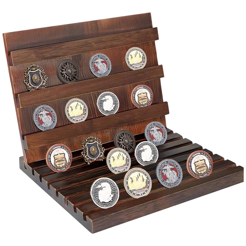 wkao Wood Coin Display Stand, Tiered Collector's Rack, Versatile Medals Holder for Home Or Office