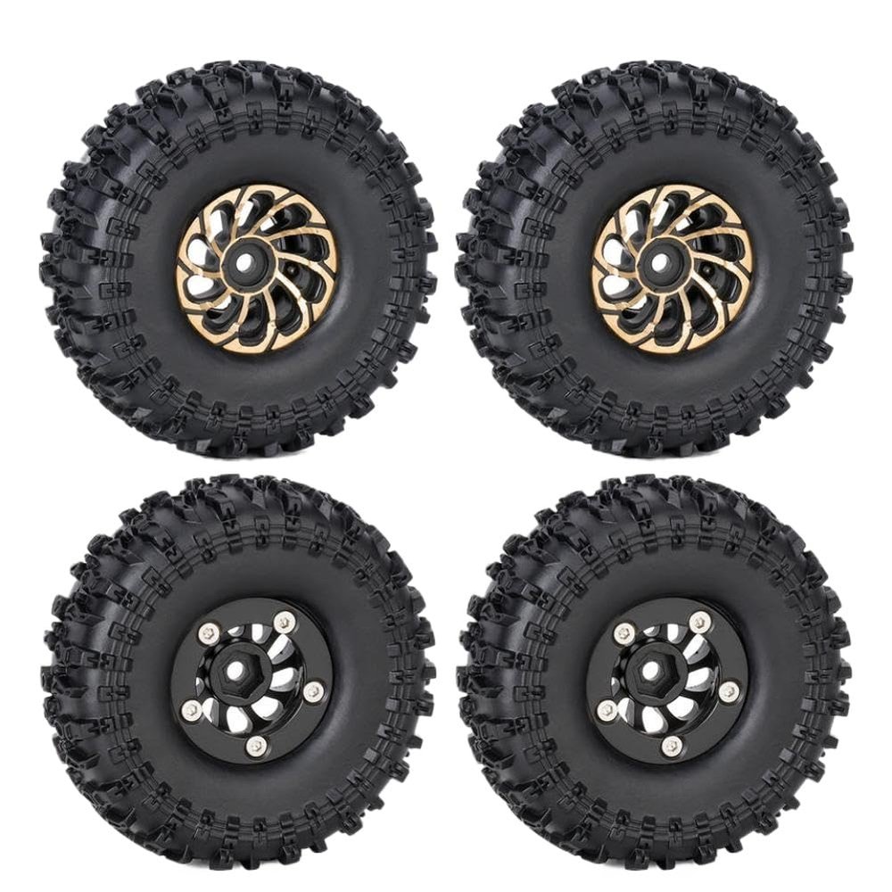 4Pcs 1.0 Inch Brass Beadlock Wheel Hub Rims Tires Set 62x22mm Compatible with SCX24 AX24 1 24 RC Crawler Car(B 4PCS)