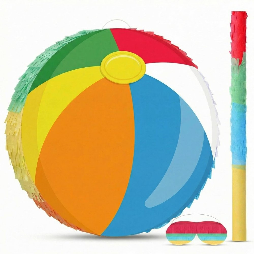 Blosssound Beach Ball Piata Summer Pool Party Decorations Supplies Rainbow Pool Ball Piata Set with Stick Blindfold for Hawaiian Tropical Luau Beach Theme Birthday Baby Shower Celebration Decor